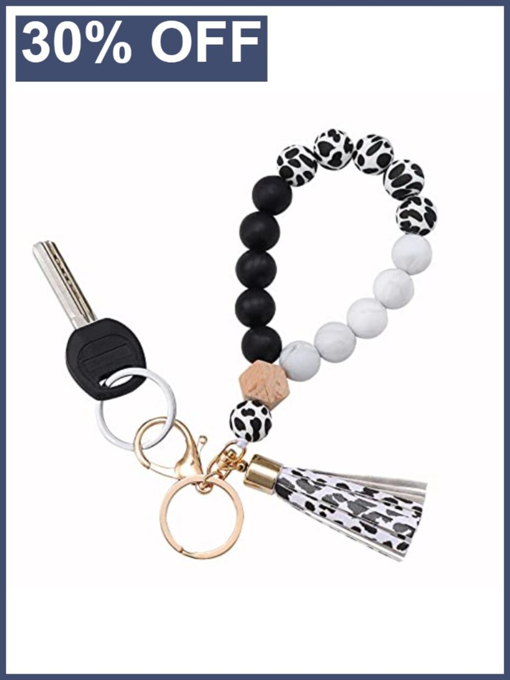 Silicone Beaded Key Ring Bracelet Wristlet Keychain with Leather Tassel